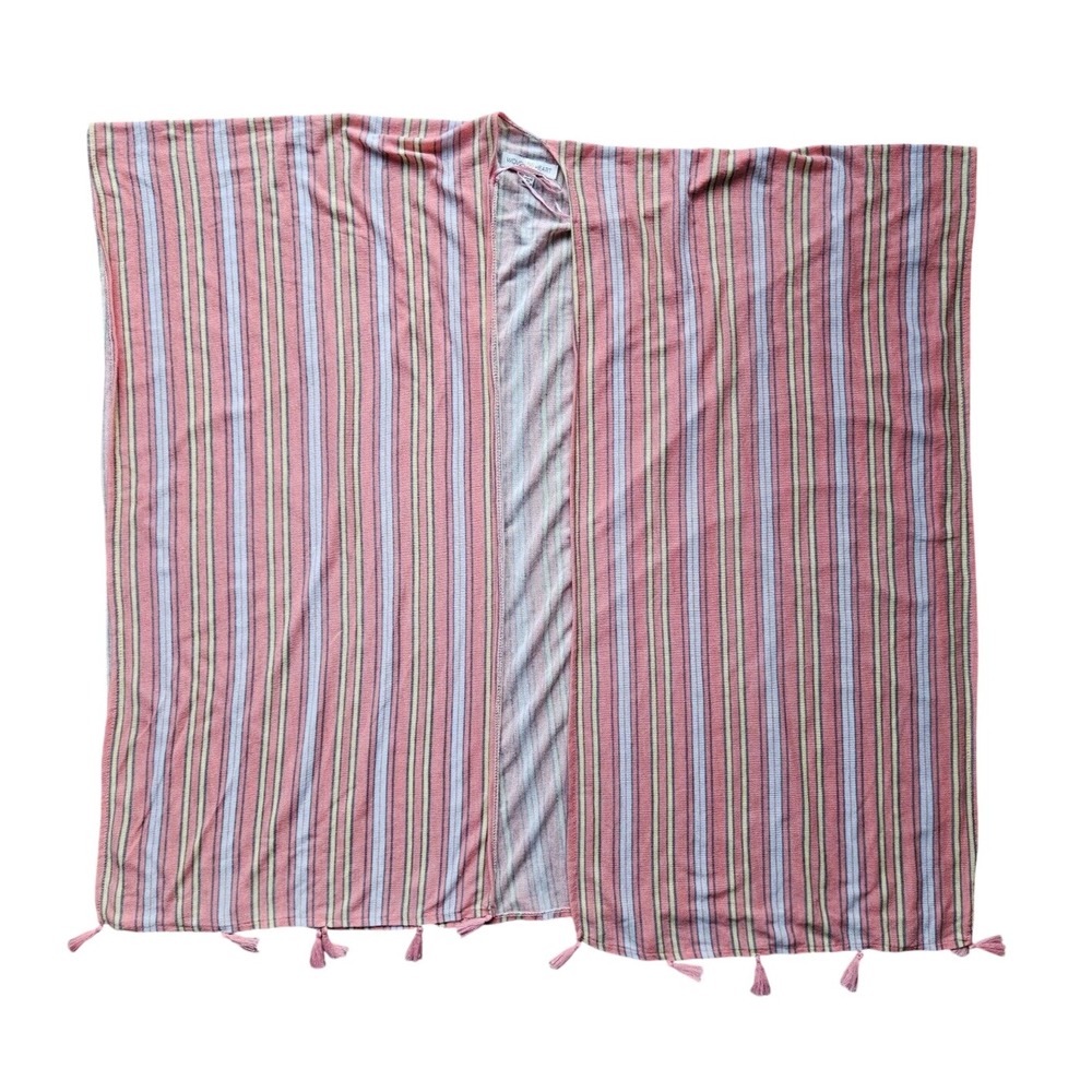 Woven Heart Striped Shawl Poncho Women's M L Pink Blue Yellow Tassel Fringe